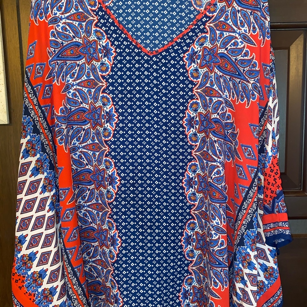 Belle by Kim Gravel Paisley Print Poncho in Red and Blue